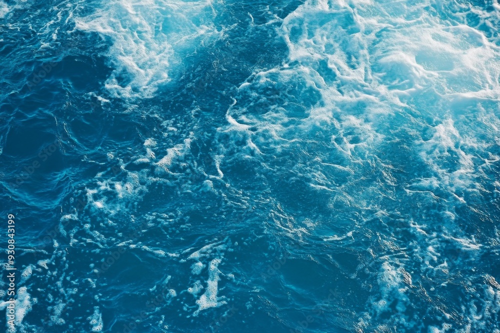 Top view of blue ocean water with intricate wave textures and water splashes, creating an abstract background of the sea surface, showcasing the dynamic movement and vibrant blue tones of the ocean. Top view of blue ocean water with intricate wave textures and water splashes, creating an abstract background of the sea surface, showcasing the dynamic movement and vibrant blue tones of the ocean.
