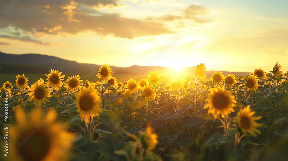Fototapeta premium Vibrant sunflowers bask in the golden glow of sunset, creating a serene landscape filled with beauty and warmth.