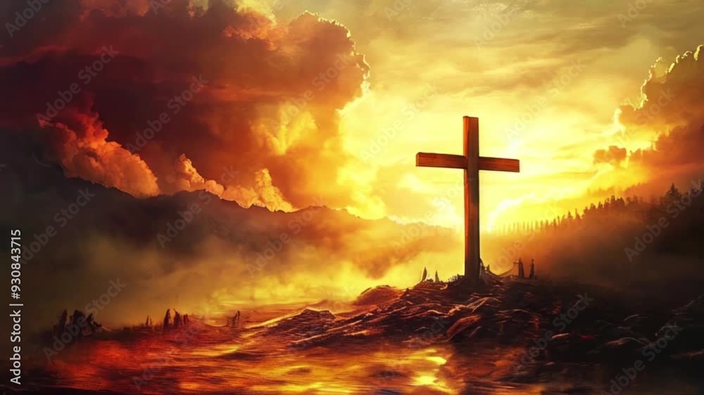 a large cross standing tall against a glowing sunset, with dark clouds and silhouettes in the distance a large cross standing tall against a glowing sunset, with dark clouds and silhouettes in the distance