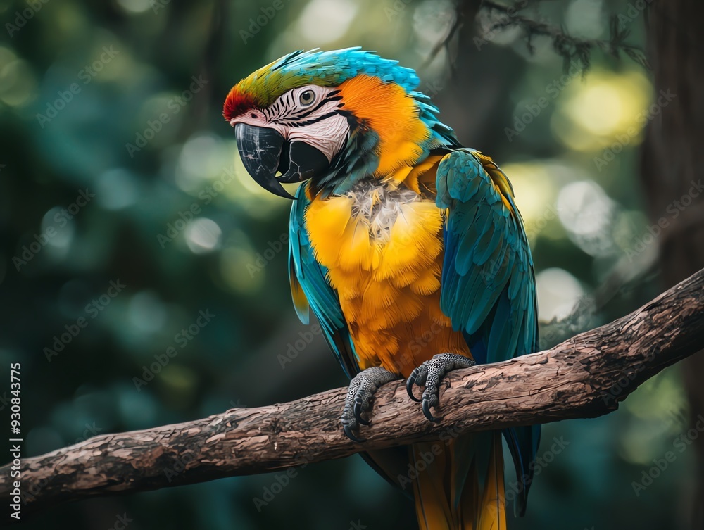 Obraz premium Colorful parrot perched on a branch, showcasing vibrant plumage in a lush green environment, ideal for wildlife photography.