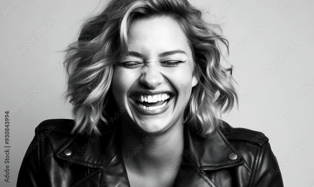 Portrait of a beautiful young woman in a leather jacket laughing. Portrait of a beautiful young woman in a leather jacket laughing.