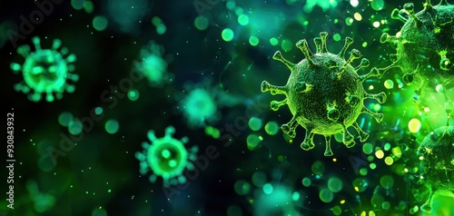 Vibrant microscopic view of green virus particles surrounded by glowing elements, illustrating infectious disease and science.