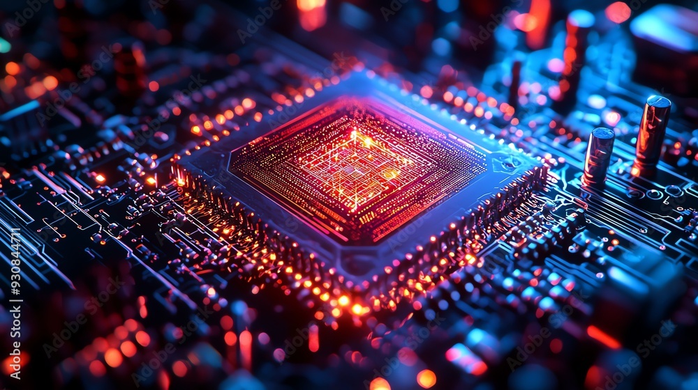 Close-up of a glowing CPU chip on a circuit board. Close-up of a glowing CPU chip on a circuit board.