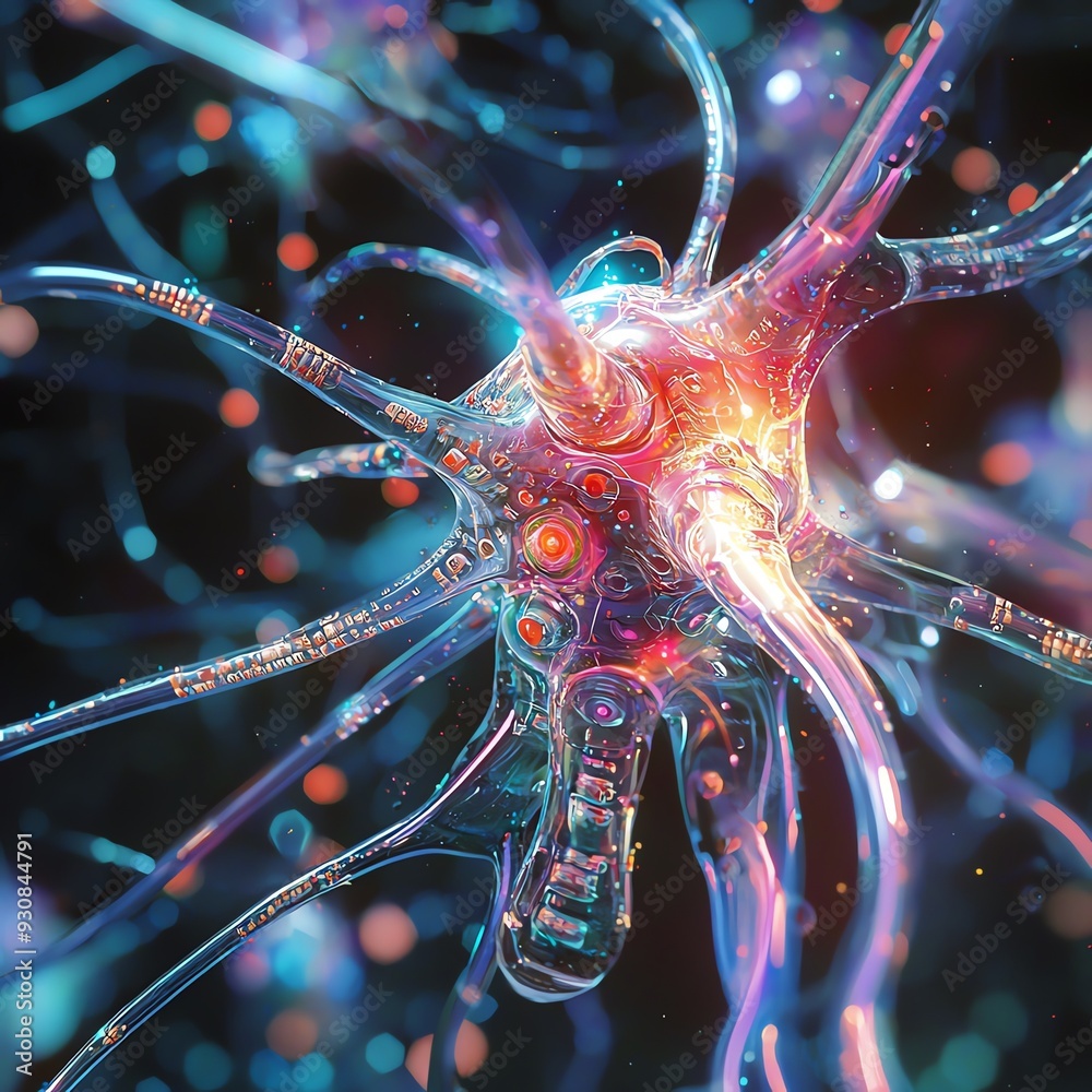 Abstract 3D rendering of a neuron, a nerve cell in the brain, with glowing, colorful details. Abstract 3D rendering of a neuron, a nerve cell in the brain, with glowing, colorful details.