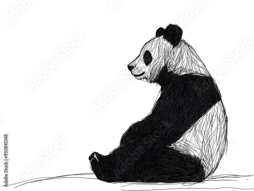 Sketched illustration of a panda sitting on the ground with its legs stretched out in front photo