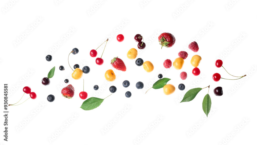 Flying different fresh berries and leaves on white background Flying different fresh berries and leaves on white background
