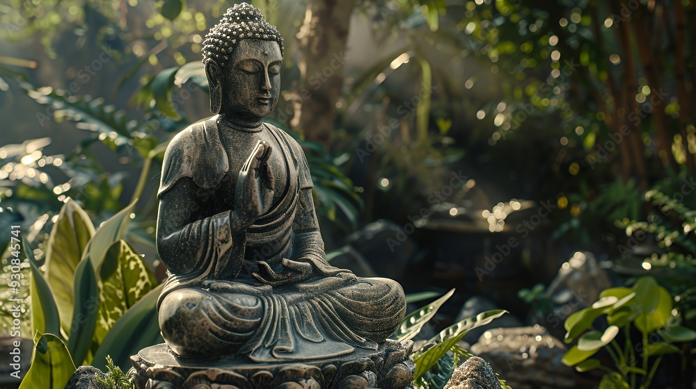 A serene Buddha statue surrounded by lush greenery in a tranquil garden setting.