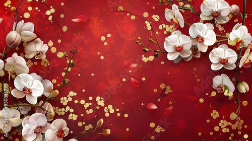 A vibrant red background adorned with elegant white orchids and golden accents.