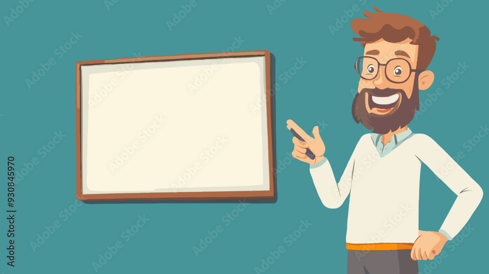 Cheerful Male Teacher Presenting in Virtual Classroom, Cartoon Illustration of Online Education Concept with Big Empty Whiteboard for Copy Space Cheerful Male Teacher Presenting in Virtual Classroom, Cartoon Illustration of Online Education Concept with Big Empty Whiteboard for Copy Space