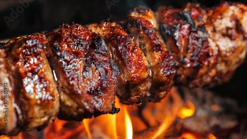 Kebab stick sizzling on fire flame look tasty