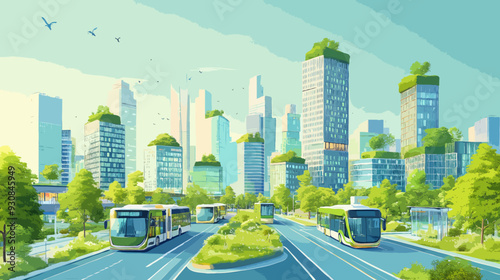 Green Urban City with Eco-Friendly Public Transportation, Buildings with Rooftop Gardens and Sustainable Energy Solutions