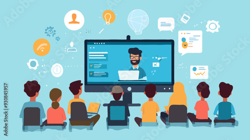 Illustration of Diverse Students Engaging in an Interactive Online Learning Session or Study Group, Featuring a Virtual Classroom Environment with a Teacher on the Screen.