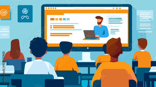 Illustration of Students Engaging in Online Learning with a Virtual Instructor in a Modern Classroom Setting