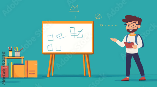 Illustration of a Student Presenting in a Virtual Classroom with Whiteboard and Educational Charts for Online Learning