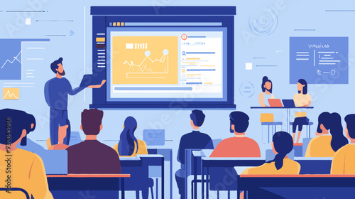Diverse Group of Students in a Modern Classroom Engaged in Online Learning Session with Teacher Presenting via Interactive Whiteboard