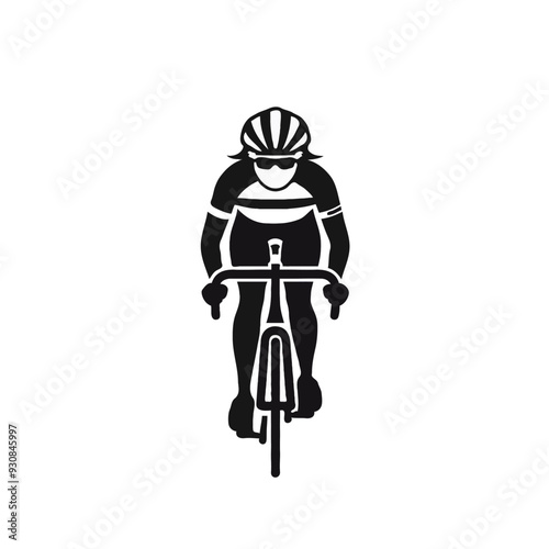 Silhouette of a Cyclist Wearing Helmet and Sunglasses on Road Bike, Minimalist Black and White Vector