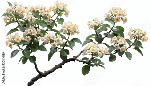 A branch with clusters of white and yellow flowers and green leaves.