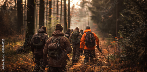Fototapeta Naklejka Na Ścianę i Meble -  A group of hunters walking through a foggy forest in autumn, surrounded by colorful leaves and tall trees during early morning