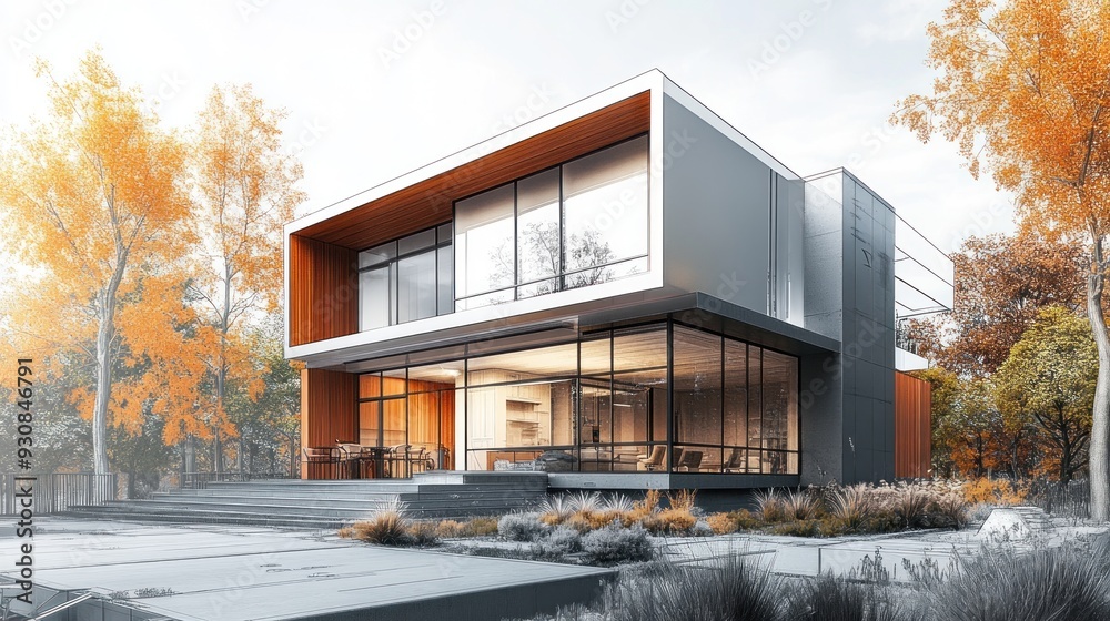 Fototapeta premium Contemporary House Design with Architectural Blueprints and 3D Visualization
