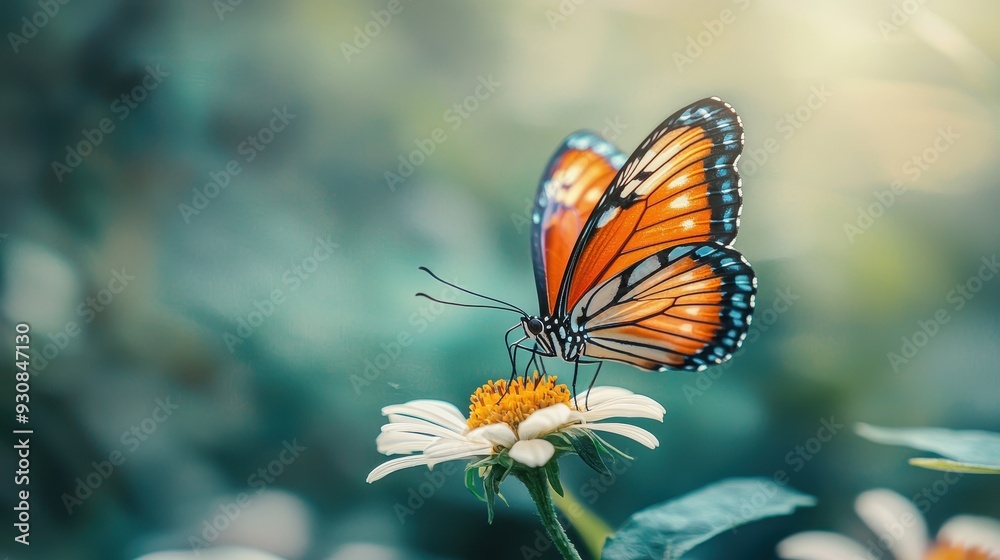 Beautiful Butterfly on a White Flower with Green Blurred Background Beautiful Butterfly on a White Flower with Green Blurred Background