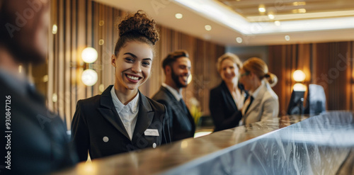 Friendly hotel reception team assisting guests at a modern city hotel