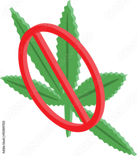 Red forbidden sign crossing green cannabis leaf representing marijuana prohibition