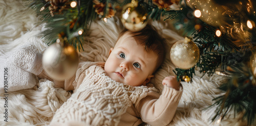 A baby lying under a Christmas tree, admiring ornaments in a cozy setting