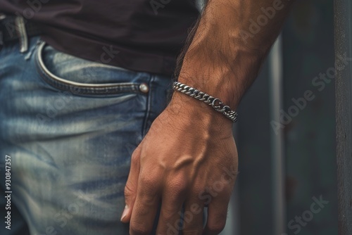 A close-up of a man's hand wearing a silver chain bracelet, showcasing style and fashion.