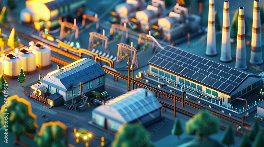 Obraz premium A vibrant industrial scene featuring buildings, pipelines, and power structures in a miniature style.
