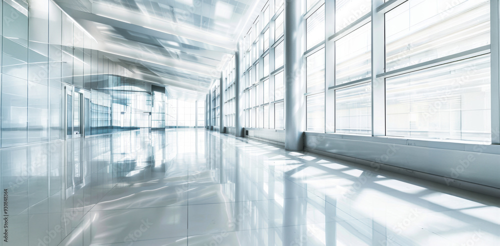 Bright and spacious modern hallway with large windows and reflective floors in an urban building during daytime Bright and spacious modern hallway with large windows and reflective floors in an urban building during daytime