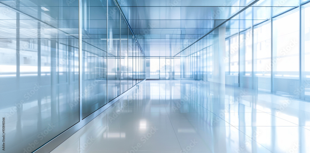 A modern glass corridor with reflections in a bright office building during the day A modern glass corridor with reflections in a bright office building during the day