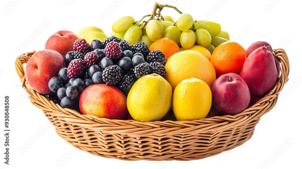 Isolated on white background a variety of fresh fruits arranged in a basket Isolated on white background a variety of fresh fruits arranged in a basket