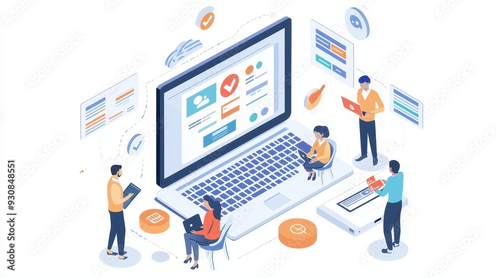 Team Working on Laptop and Digital Interfaces