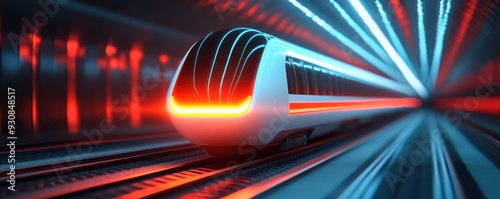 Futuristic high-speed train racing through an illuminated tunnel.. photo