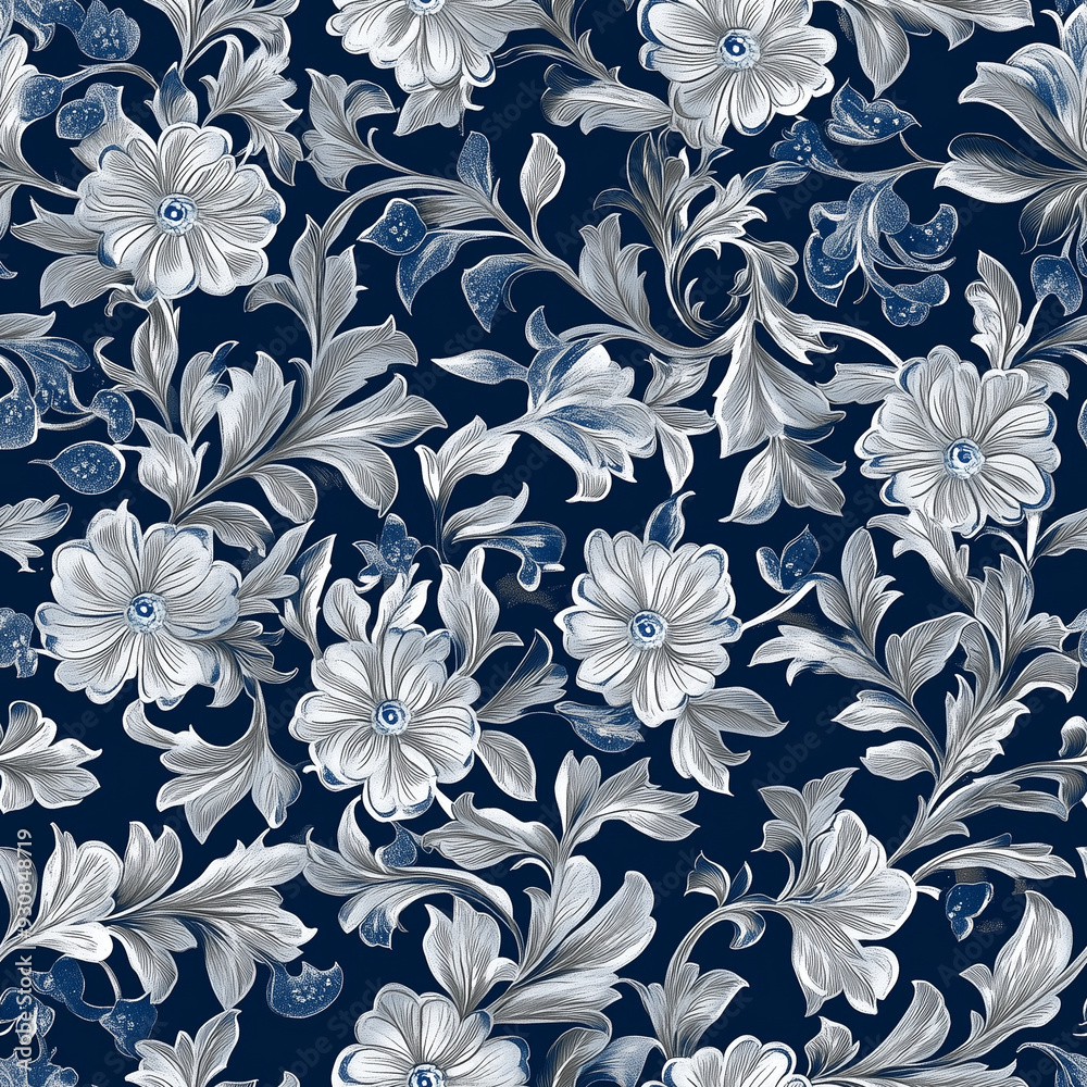 Floral motif pattern silver and blue seamless texture endless