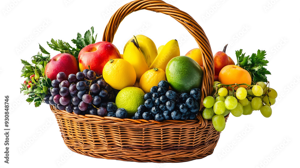 Isolated on white background a variety of fresh fruits arranged in a basket Isolated on white background a variety of fresh fruits arranged in a basket