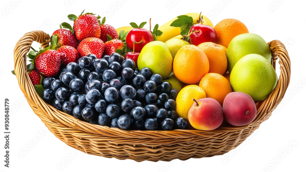 Isolated on white background a variety of fresh fruits arranged in a basket Isolated on white background a variety of fresh fruits arranged in a basket