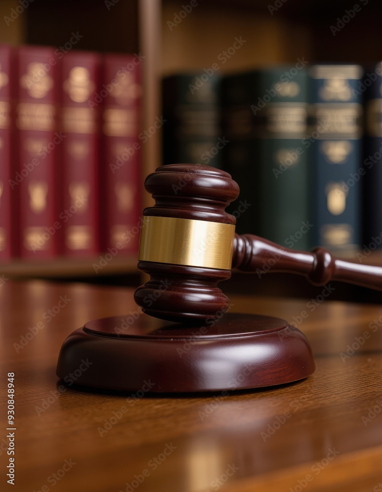 Close-up of a judge's gavel resting on a sound block, with law books in the blurred background. Close-up of a judge's gavel resting on a sound block, with law books in the blurred background.