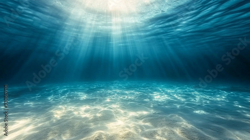 blue water surface reveals a sandy sea bottom bathed in warm sunlight, creating a tranquil and inviting underwater scene perfect for relaxation and nature themes photo