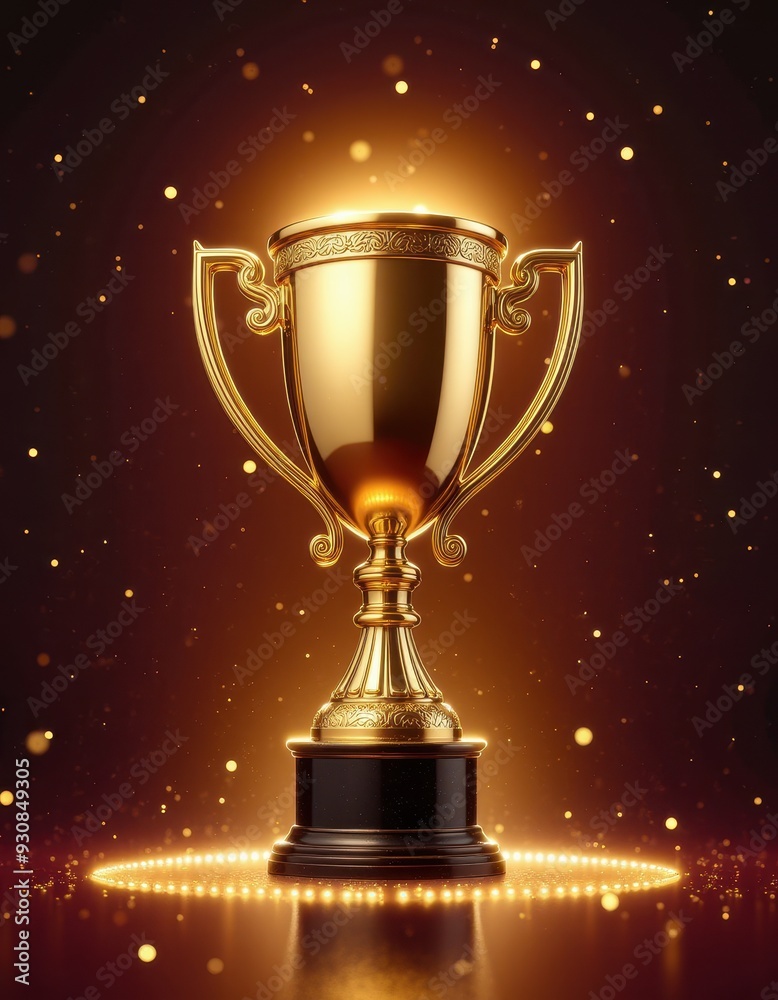 A golden trophy with elegant handles, glowing under dramatic lighting with sparkling effects, symbolizing victory and achievement. A golden trophy with elegant handles, glowing under dramatic lighting with sparkling effects, symbolizing victory and achievement.