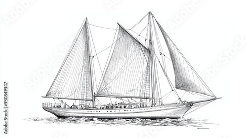 Hand Drawn Sketch of a Sailboat on the Ocean