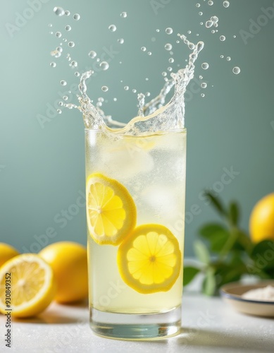 Refreshing glass of lemonade with ice and lemon slices, showing a splash as liquid overflows, surrounded by fresh lemons on a table.