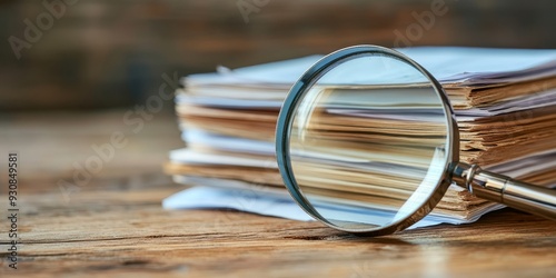 Wallpaper Mural This image shows a detailed view of a stack of important documents being examined with a magnifying glass, highlighting the careful review of essential paperwork in a professional setting Torontodigital.ca