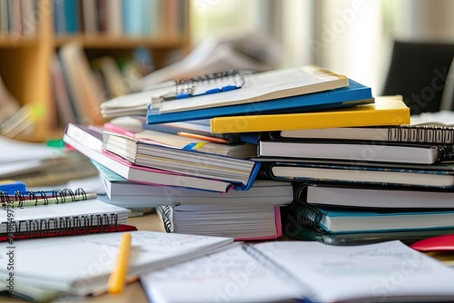 A messy stack of colorful notebooks. This photo represents a student's busy schedule and the demands of studying. photo