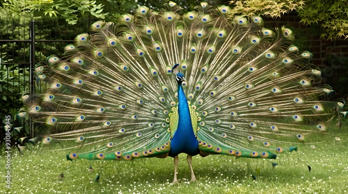 A vibrant peacock displaying its colorful feathers in a natural setting.