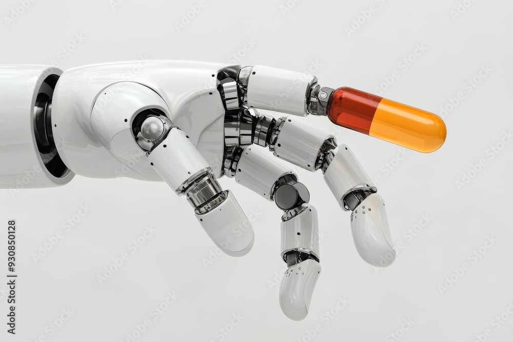 Futuristic robotic hand offering assistance with open palm in a welcoming gesture Futuristic robotic hand offering assistance with open palm in a welcoming gesture
