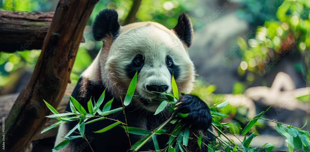 Fototapeta premium Panda eating bamboo in a lush forest setting during the daytime