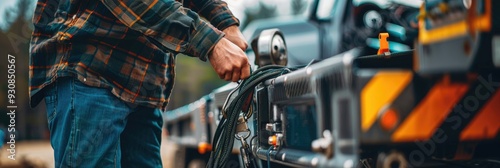 A person turning a winch handle on a vehicle trailer designed for towing and equipment transportation, with a selective focus. photo