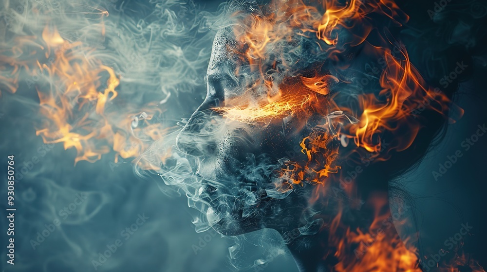Fototapeta premium A surreal image of a face surrounded by smoke and flames, symbolizing intensity and transformation.