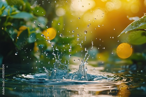 Water droplets splash in pond. This image showcases the beauty of nature and can be used for refreshing and calming themes. photo